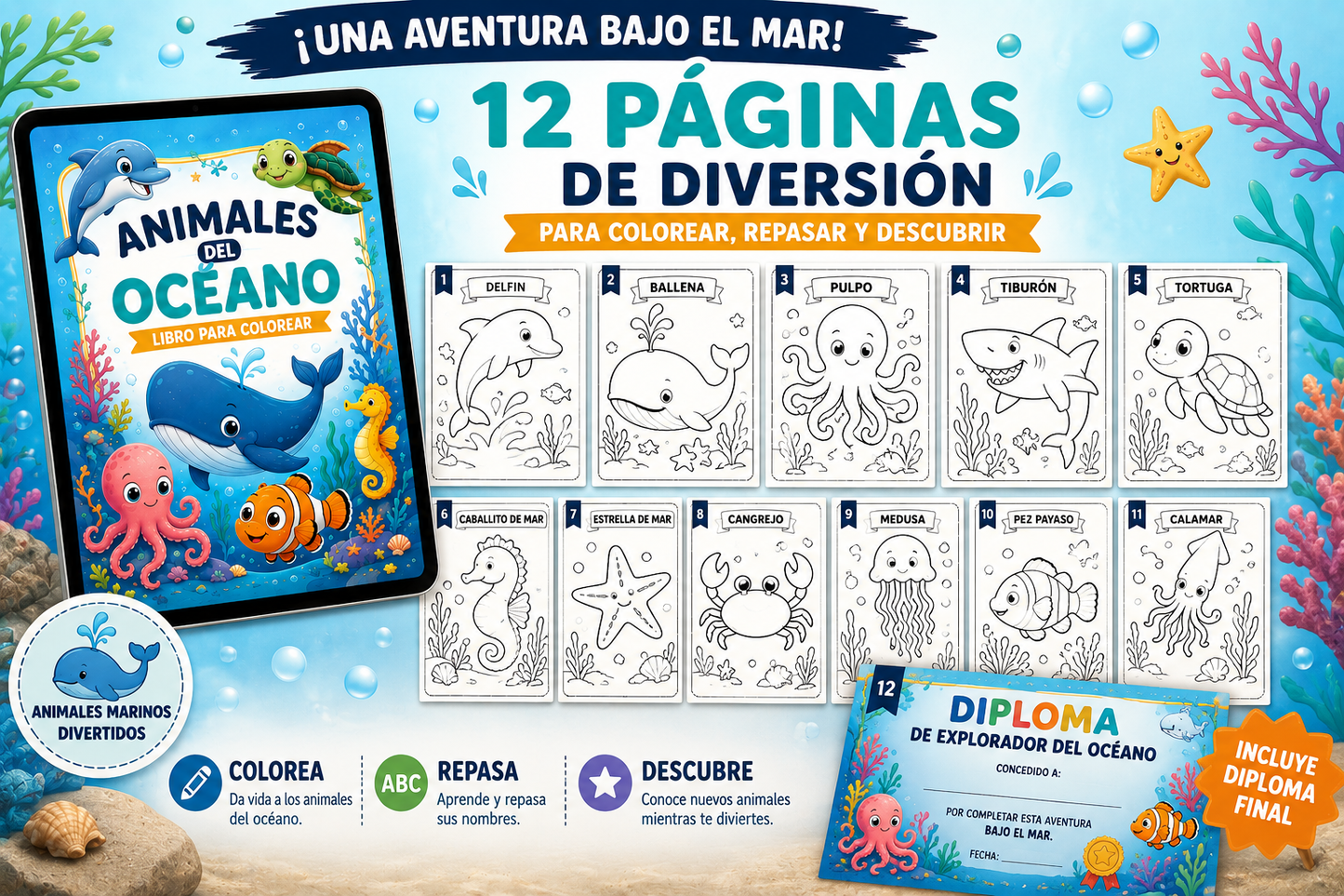 Libro de Animales del Océano para Colorear | eBook Infantil PDF