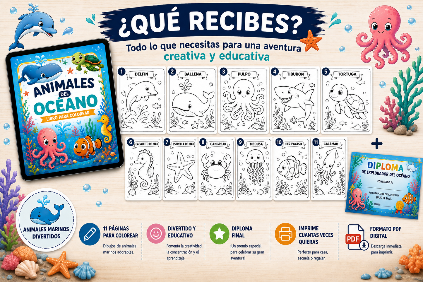 Libro de Animales del Océano para Colorear | eBook Infantil PDF